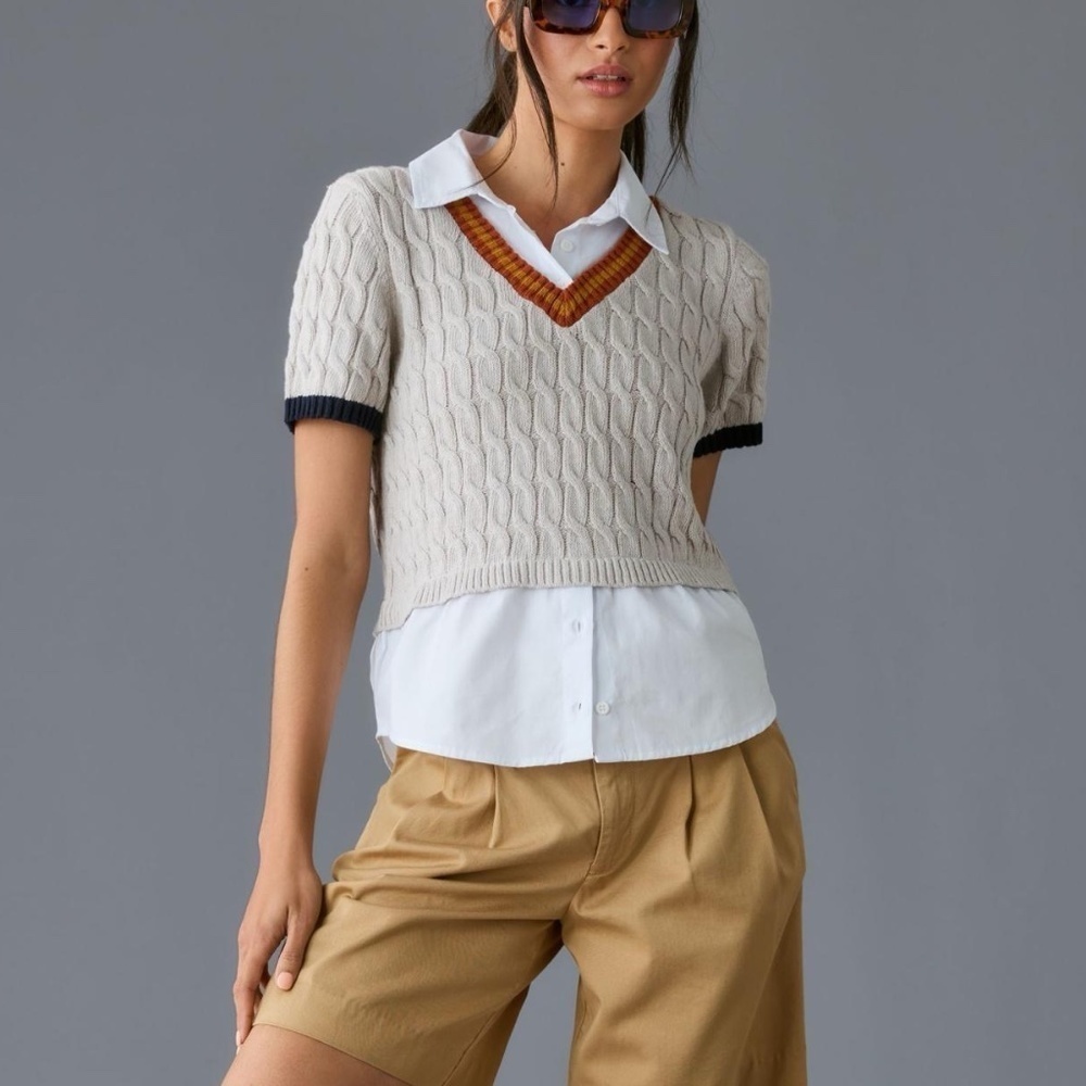 NWT Anthropologie Maeve Cable Short-Sleeve Twofer Sweater XS